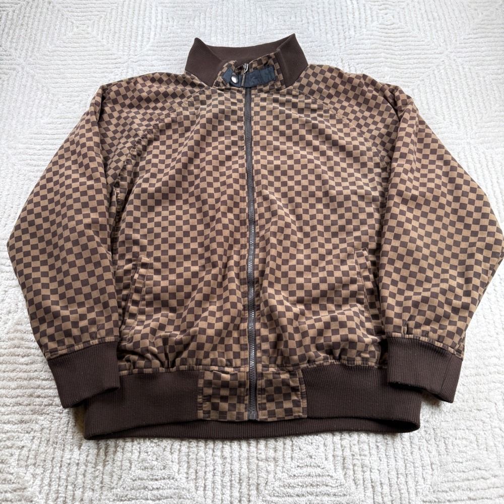Vintage Stacy Adams Bomber Jacket Men L Brown Checkered Full Zip Y2K Urban Retro